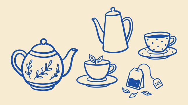 Hand drawn tea set vector icons, blue line art teapots and cups on beige background, vintage ceramic tea party collection