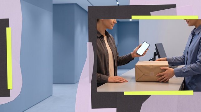 Customer collecting an online Black Friday order at a store pickup counter with smartphone and parcel in a modern omnichannel retail collage