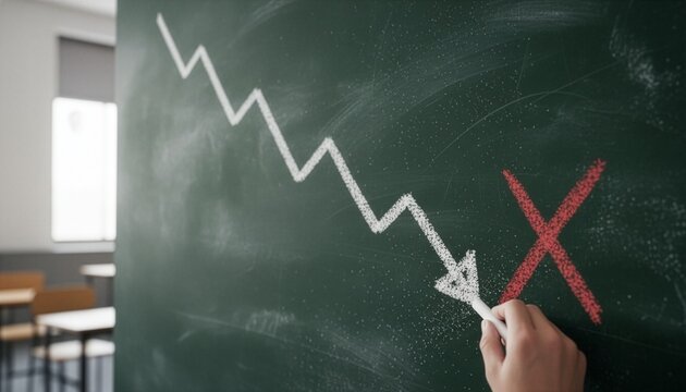 A hand drawing a red cross next to a downward zigzag arrow on a green chalkboard in a blurry classroom background, representing stopping academic or business decline and fixing failure.