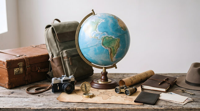 Vintage globe rests on rustic wooden table with leather suitcase camera compass map binoculars and journal for exciting travel planning
