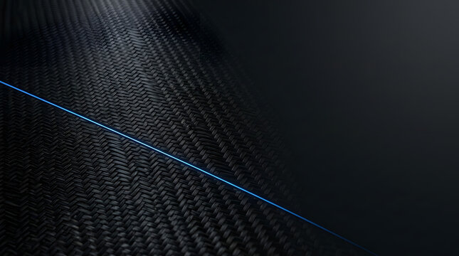 Carbon Fiber Texture with Blue Accent: A close-up shot showcasing the intricate weave of a carbon fiber material, highlighted by a thin, sharp blue line cutting across the dark, textured surface.