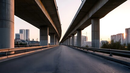 Obraz premium Empty elevated roadway with strong concrete structure and layered urban context presents clean geometry and materials during gentle golden hour