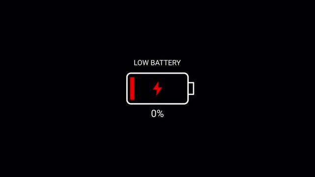  mobile phone battery low indicator animation with alpha channel.  red blinking low battery notification icon animation on transparent background