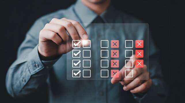 Business man touching virtual screen for survey evaluation, customer feedback, and quality assurance check