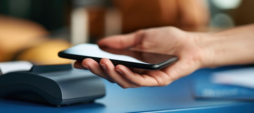 Hand holding smartphone making contactless payment at card reader