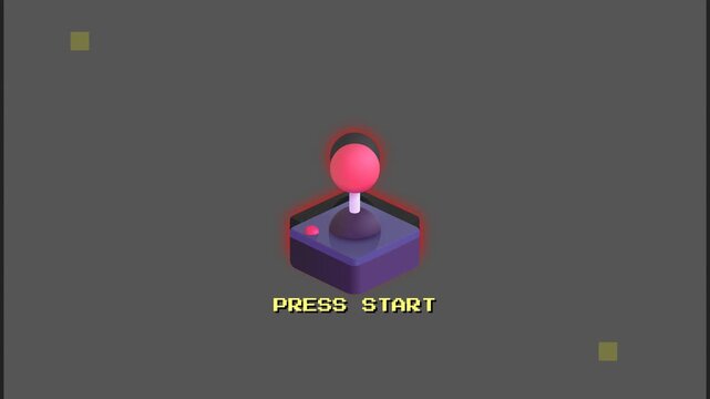 Gaming graphic features a purple joystick and pink ball on a pixelated yellow background, perfect for gaming designs.