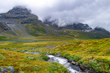 Fototapeta premium A beautiful mountain river flowing through a lush green valley. A summer scenery of Geiranger-Herdalen World Heritage area in Western Norway.