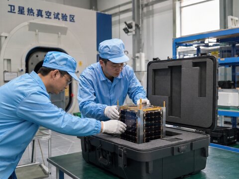 Scientists Inspecting Satellite in Cleanroom