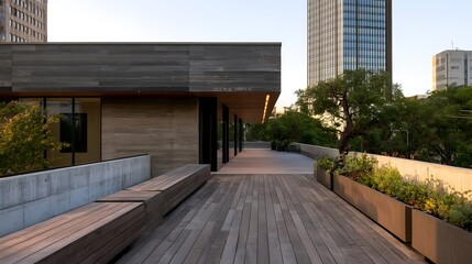 Obraz premium A modern rooftop terrace with wooden decking built in benches and planter boxes framed by tall buildings and trees under soft evening light