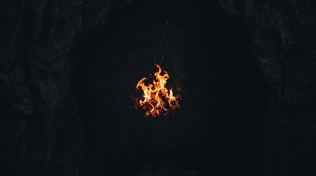 Single glowing campfire burning brightly inside a dark mysterious rocky cave