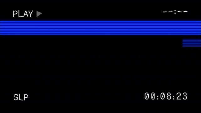 Blue retro VHS glitch broken screen overlay effect with a playback interface, play, and time counter indicator