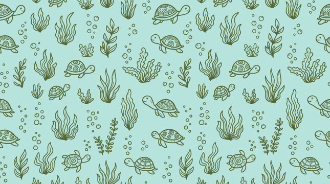 Hand drawn sea turtles and seaweed underwater seamless pattern background in cute doodle style