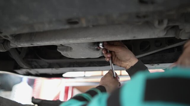 A man is working on a car engine. He is using a wrench to loosen a bolt. Concept of determination and focus as the man works to fix the car