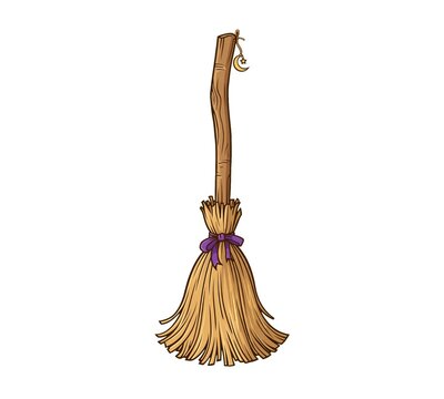 Witch wooden broom with purple ribbon and moon charm on clean white background