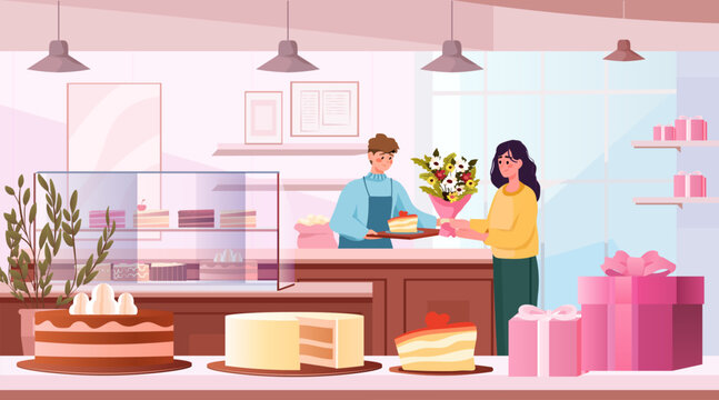 Mother's Day bakery shop woman buying cake flowers gifts desserts glass display counter pastel interior celebration
