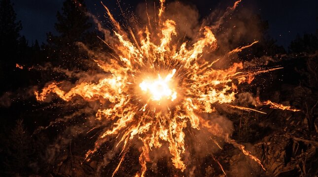 Dynamic fire explosion bursting with sparks and smoke in a dark night forest