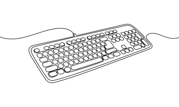 Continuous one line of a computer keyboard, qwerty layout with numeric keypad, peripheral device for typing and data entry, isolated on a white background