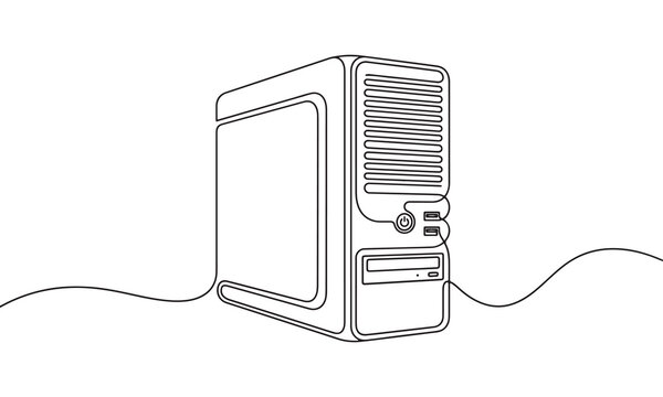 Continuous one line of a computer tower pc case, desktop computer chassis with front panel ports and drive bay, isolated on a white background, minimalist