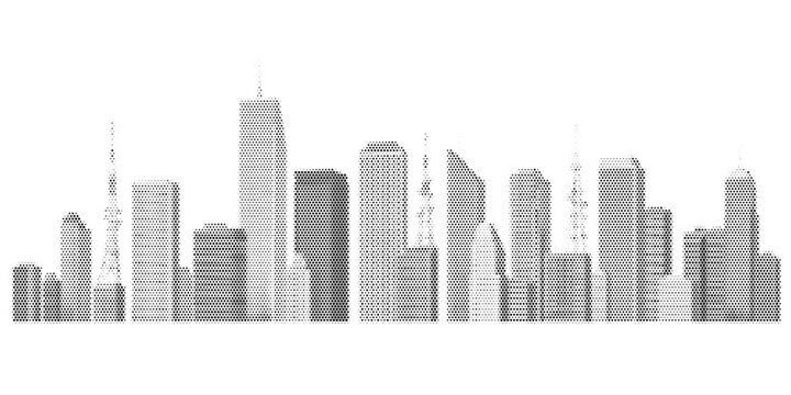 Commercial cityscape horizon halftone dot print downtown business district skyscrapers skyline poster tshirt apparel screenprint banner wallpaper vintage monochrome graphic vector illustration