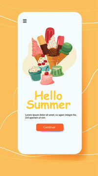 Ice cream summer desserts colorful sweet treats mobile app screen pastel background user interface template