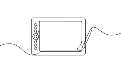 Obraz premium Continuous single line of a digital tablet with a stylus pen, isolated on a white background, minimalist artist tool black and white line