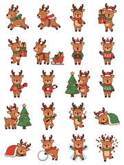 Fototapeta premium Set of cute cartoon reindeer characters with christmas accessories