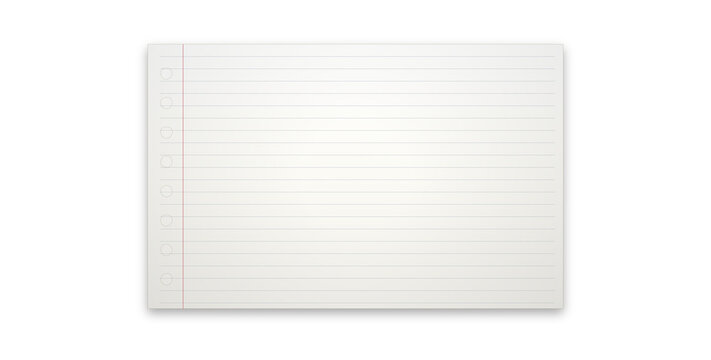 White lined paper notebook page with hole punches for professional reports on transparent background.