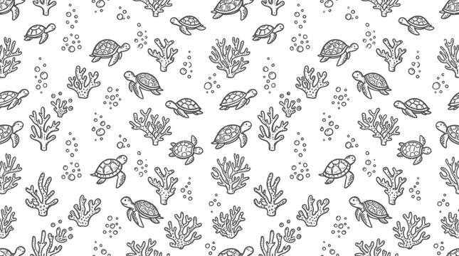 Seamless pattern with cute hand drawn sea turtles and corals in black and white doodle style