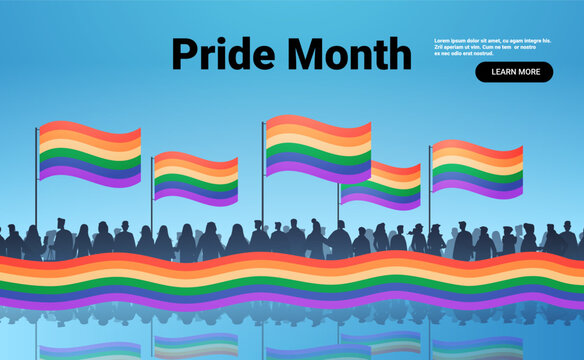 Pride parade crowd rainbow flags celebration silhouette people blue sky reflection banner website template