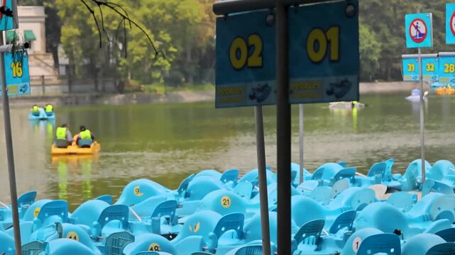 Colorful Blue Pedal Boats Moored Lake Boaters Chapultepec Park Mexico City
