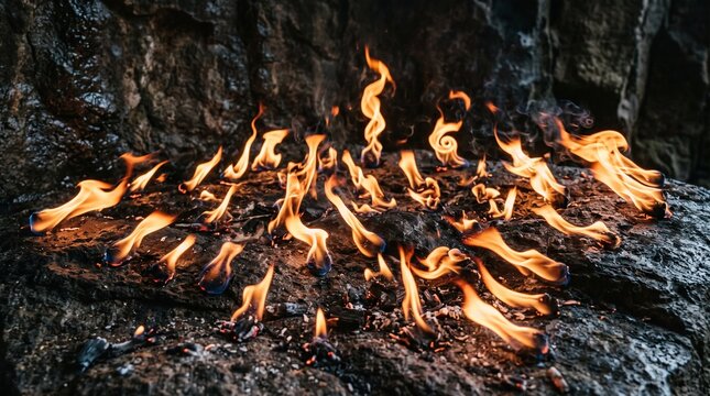 Natural burning flames erupting from the rocky ground in Yanar Dag Azerbaijan