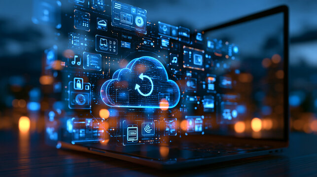 Bright digital interface displaying cloud data synchronization and connectivity icons on a clean gradient background, cloud computing technology, data integration, enterprise conne