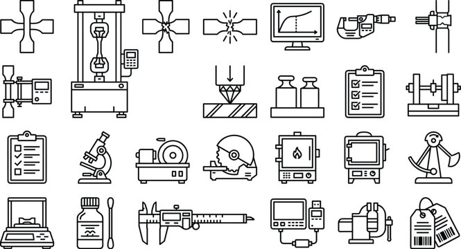 Industrial materials testing and metallurgy laboratory vector icon set featuring tensile test machines hardness testers calipers microscopes and quality control instruments.