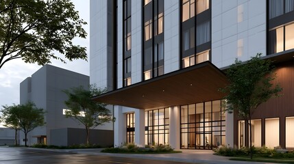 Obraz premium Modern high rise building with glass facade wooden canopy and illuminated entrance at dusk