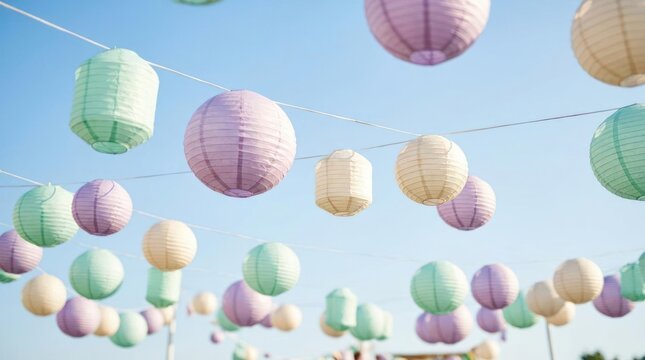 Colorful paper lanterns hanging against a blue sky.
