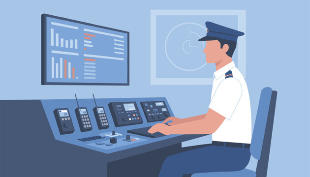 Maritime officer sitting at a complex control console inside a ship bridge monitors digital screens and weather data instruments.