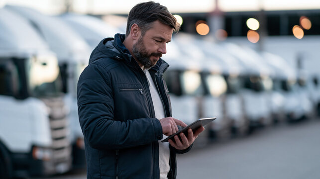 Realistic commercial stock photograph of a fleet manager reviewing a fuel consumption chart on a tablet while standing beside a row of parked delivery trucks in an industrial yard,