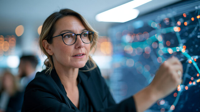 Realistic commercial stock photograph of a logistics planner tracing an optimized delivery route on a digital map displayed across a large office screen, professional business atti
