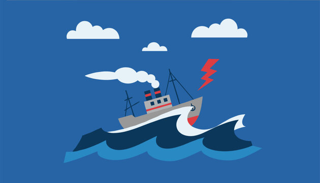 Small cargo ship struggles to stay afloat as it encounters a dangerous storm with rough dark waves and a bright red lightning strike.