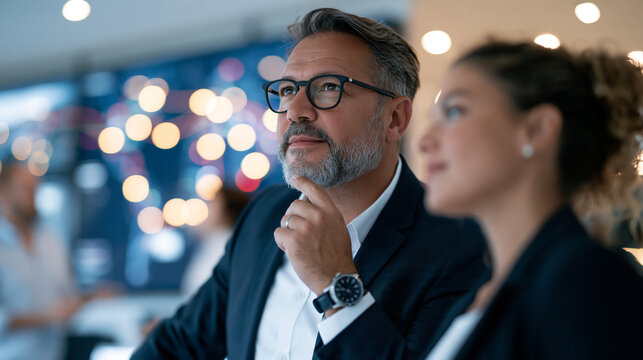 Realistic commercial stock photograph of a logistics planner tracing an optimized delivery route on a digital map displayed across a large office screen, professional business atti