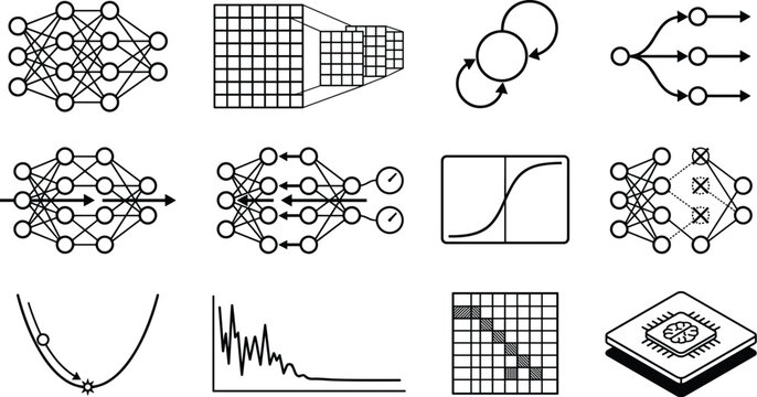 Neural network and deep learning architecture icon set featuring artificial intelligence models convolutional layers activation functions and gradient descent optimization.