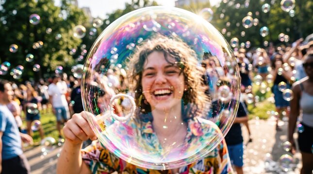 Woman smiling with colorful bubble wands at outdoor festival