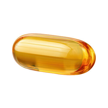 Amber medicine capsule isolated on transparent background with glossy softgel surface and warm yellow color, suitable for healthcare packaging and pharmaceutical illustration