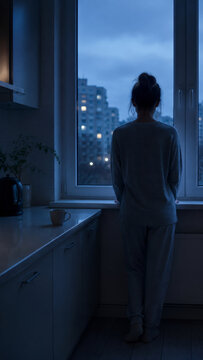Woman standing alone at kitchen window at night looking at city. Loneliness, insomnia and mental health struggle. Depression, anxiety and schizophrenia concept. Sad girl thinking in dark apartment