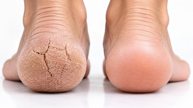 Comparison of dry cracked human heel skin texture versus smooth healthy heel skin white background.