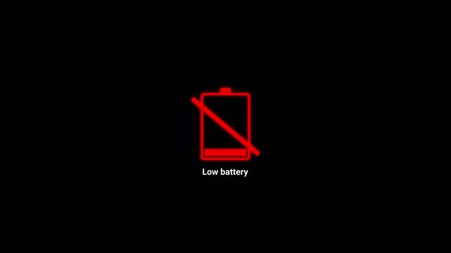  mobile phone battery low indicator animation with alpha channel.  red blinking low battery notification icon animation on transparent background