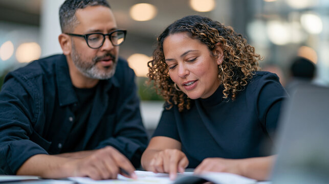 Realistic commercial stock photograph of two coworkers calmly discussing a project issue while pointing at notes on a shared notebook at a bright office desk, attentive respectful