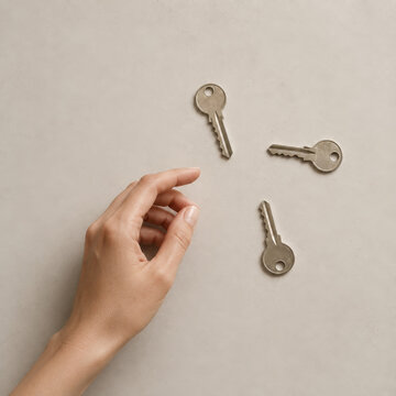 Woman hand reaching for keys on table. Obsessive checking and compulsive behavior in mental disorder. Concept of schizophrenia, anxiety, paranoia and delusion. Psychology and psychiatry theme.