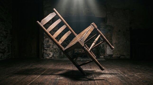 Abandoned wooden chair in dimly lit mysterious basement setting