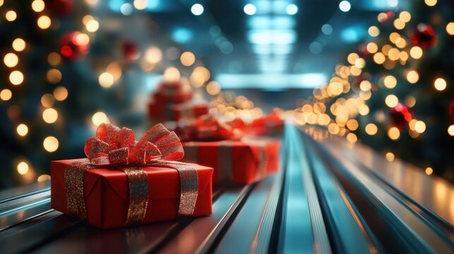 Colorfully wrapped gift boxes with ribbons move along a conveyor belt adorned with twinkling lights during the festive holiday season